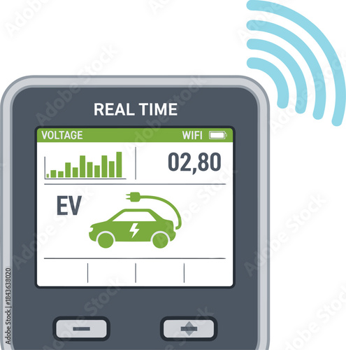 A modern EV charging station display shows real-time data: voltage, wifi, and charging status. Clear, informative interface with a car icon. Professional, tech-focused design.