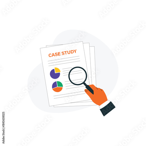 Hand Analyzing Case Study Document with Magnifying Glass Vector Illustration. Business Research Concept Design