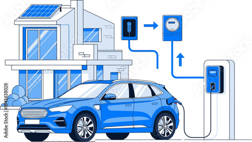 A modern home features a sleek electric vehicle charging station. Smart charging technology powers a blue SUV, showcasing sustainable energy and a connected lifestyle. Clean, bright illustration.