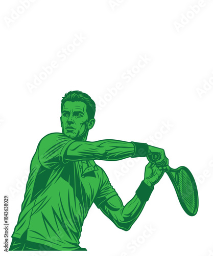 Dynamic green outline of tennis player hitting a forehand serve