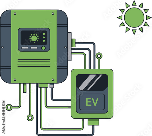 A modern illustration showcases solar energy synchronization with electric vehicles. Bright green and blue tones highlight the connection. Ideal for sustainability and technology concepts.