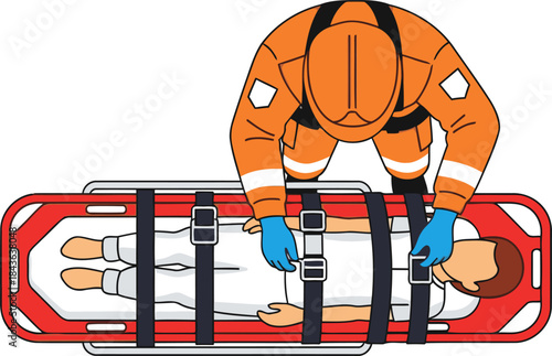 Paramedic secures a patient on a stretcher, emphasizing safety and care. Bright orange and red colors highlight the critical moment. Professional, clear, and visually impactful.