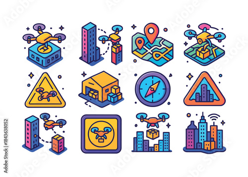 Urban Drone Icons. urban drone delivery. Colorful isometric vect