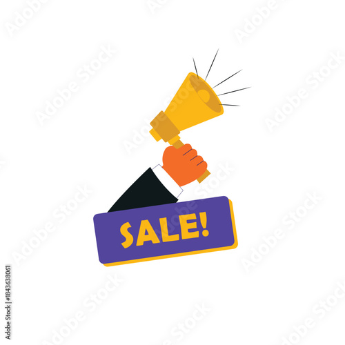 Hand Holding Megaphone with Sale Sign Vector Illustration. Marketing Promotion Concept Design