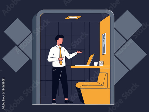 A professional man seals a deal in a modern, minimalist private booth. He gestures with a laptop, conveying confidence and success. Clean lines and a focused workspace.