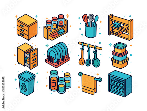 Colorful Storage Icons. Storage and organization. Colorful isome