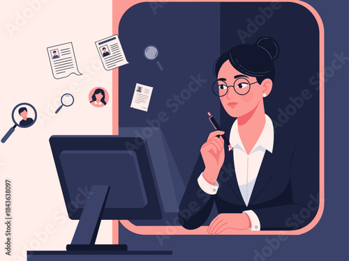A professional woman reviews resumes on a computer screen, thoughtfully considering candidates. Modern office setting with documents and a magnifying glass.  Ideal for recruitment and HR visuals.