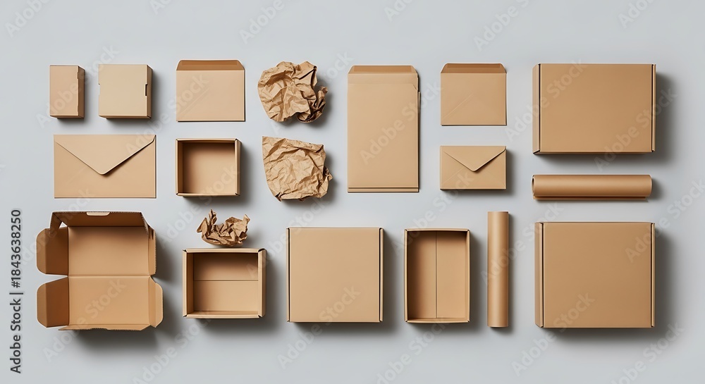 Obraz premium Assortment of various size, shape, and dimension recycled cardboard packaging