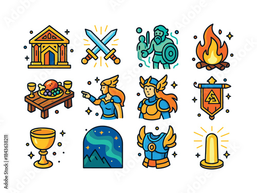 Valhalla Icon Set. Valhalla. Colorful isometric vector icons set