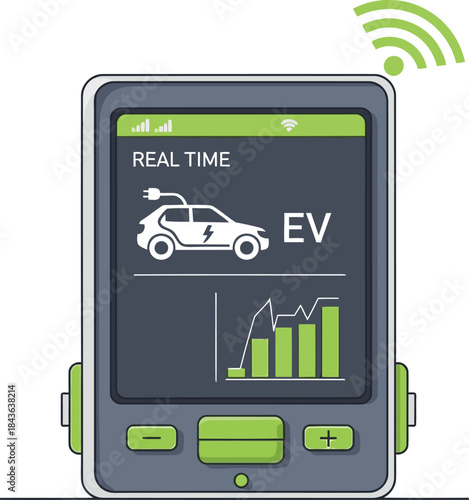 A stylized mobile device displays real-time EV statistics. Modern design, vibrant colors, and a Wi-Fi icon highlight the electric vehicle data. Clean, professional illustration.
