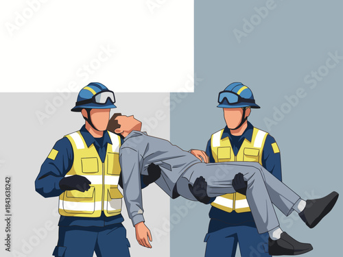 Two rescue workers lift a fallen colleague. The image conveys teamwork and strength, utilizing a bold color palette and clear composition. ?Stronger Together Now? tagline emphasizes collaboration.