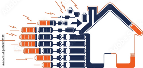 vibrant graphic illustrates a home powered by a battery system Bold orange and blue colors highlight the connection between solar energy and a modern home