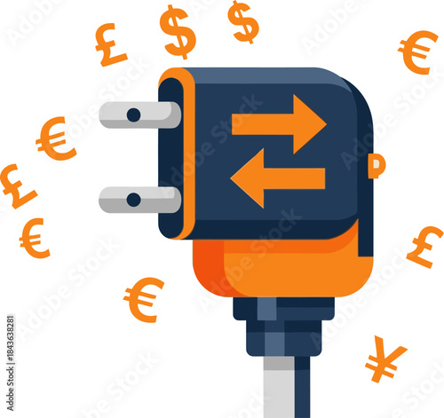 A vibrant graphic illustrates currency exchange with cost-saving emphasized.  Arrows convert USD, GBP, EUR, and JPY, highlighting financial savings. Modern, bright design.