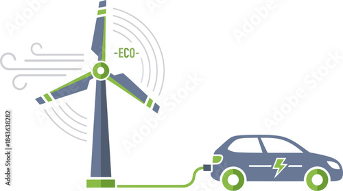 vibrant illustration showcases clean energy - a wind turbine powering an electric car  It-s a modern eco-friendly design promoting sustainable solutions Perfect for business and environmental themes