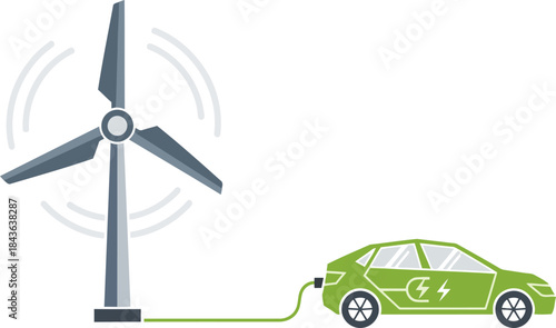 A vibrant illustration showcases clean energy: a wind turbine powering an electric car.  Modern, bright design promotes sustainable solutions. Ideal for environmental and technology themes.