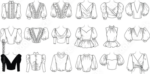 Vector Template Collection of Fashion Flat Technical Sketches for Modern Blouses, Crop Tops, Puff Sleeves, and Neckline Variations.