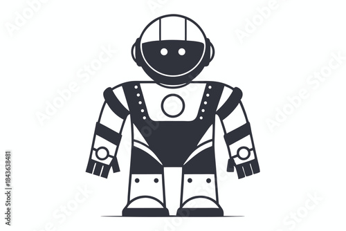 Smiling cartoon robot with segmented arms and claw hands stands outlined in black