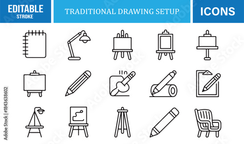 Minimal linear icons of classic drawing tools and studio furniture