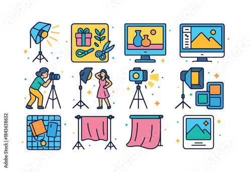 Creative Photoshoot Icons. Creative Shoots. Colorful isometric v