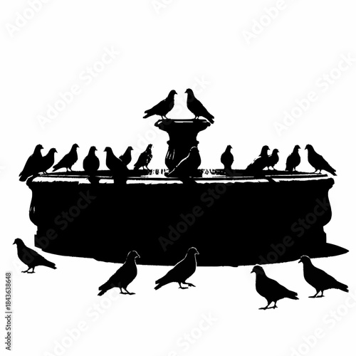 Silhouette of pigeons gathered around a stone fountain.