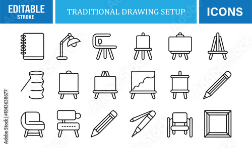 Editable stroke traditional drawing setup icons for art studios and classrooms
