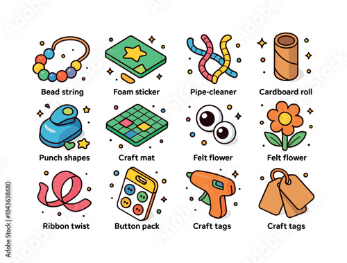 Kids Craft Icons. Kids DIY crafts. Colorful isometric vector ico