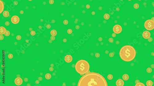 Falling coins or money golden rain motion background. Loop. Isolated on Green screen, chromakey