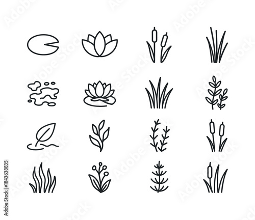 Pond Flora Icons. Pond Flora. Line icon set of Pond Flora: lily