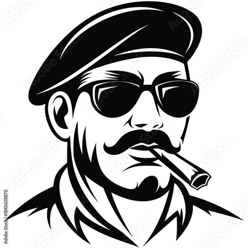 Sophisticated man in beret and sunglasses casually smokes a cigar with bold confidence