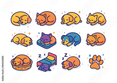 Sleeping Pets Icons. Sleeping pets. Colorful isometric vector ic