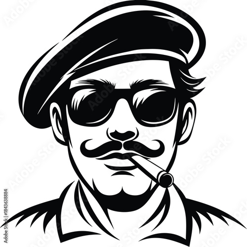 Sophisticated man sports sunglasses, beret, and mustache while casually smoking a cigar