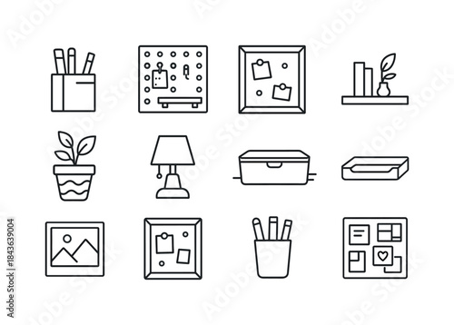 DIY Office Icon Set. DIY Home Office Decor Ideas. Line icon set
