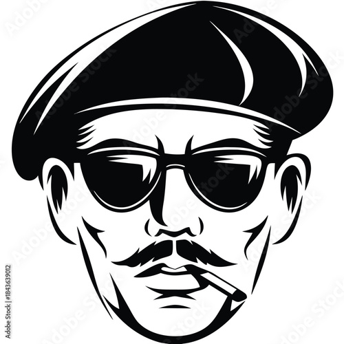 Stylish man smoking a cigarette with a mustache wearing sunglasses and a beret