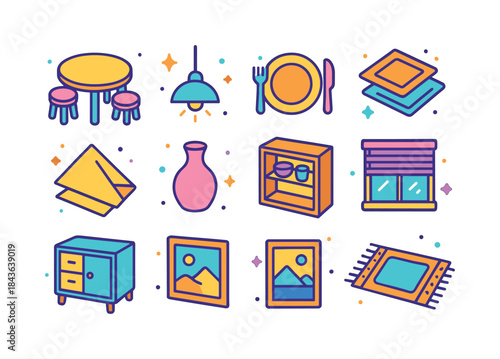 Colorful Dining Icons. Small dining area. Colorful isometric vec
