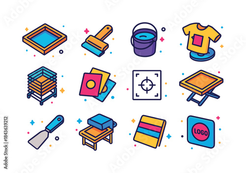 Colorful Screen Printing Icons. Screen printing. Colorful isomet