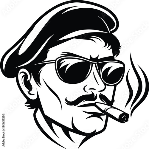 Stylish man with sunglasses and cap smokes cigar, emanating confidence in black and white
