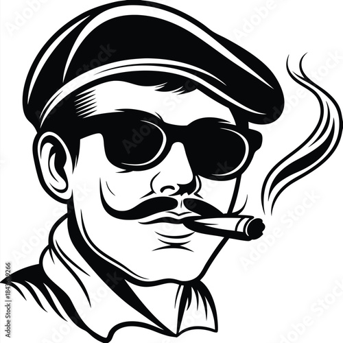 Stylish man with sunglasses and mustache smokes a cigar in black and white