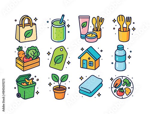 Colorful Organic Icons. Organic lifestyle. Colorful isometric ve