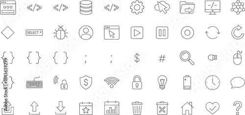 Thin line programming and web development icon set illustration featuring coding interface database and security symbols with editable stroke