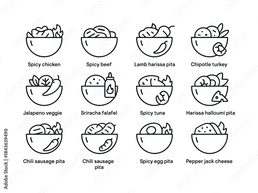 Obraz premium Spicy Pita Icons. Spicy Pitas. Line icon set of Spicy Pitas: spi