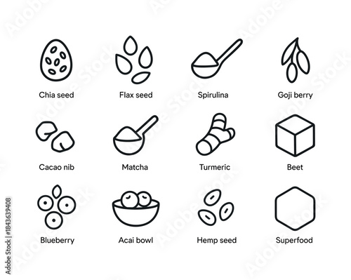 Superfood Snack Icons. Superfood snacks. Line icon set of Superf