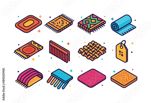 Colorful Rug Icons. Rugs and textiles. Colorful isometric vector