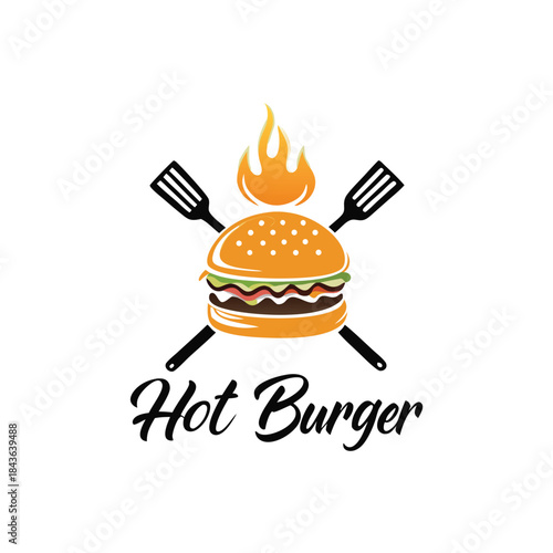 Stylized hot burger with crossed black spatula and flame for delicious food