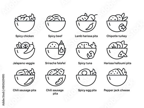 Spicy Pita Icons. Spicy Pitas. Line icon set of Spicy Pitas: spi
