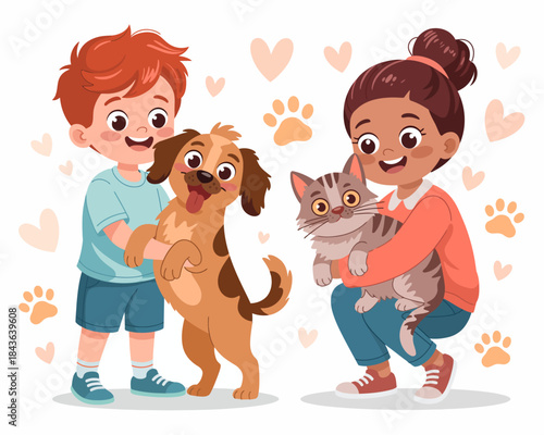 Two joyful children are seen playing with a dog and a cat, radiating love and happiness, embodying the bond between pets and their young owners in a colorful illustration.