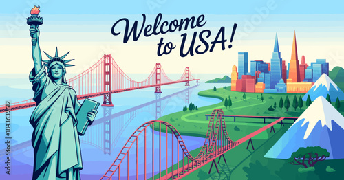 An artistic representation celebrating USA tourism, featuring iconic landmarks, including the Statue of Liberty and Golden Gate Bridge, inviting visitors to explore the country.