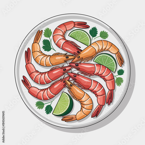 A beautifully arranged shrimp dish garnished with lime wedges and herbs, highlighting the vibrant colors and fresh ingredients suitable for any seafood lover's palate.