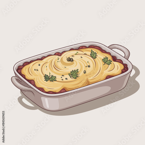 A mouthwatering illustration of a meatloaf topped with creamy mashed potatoes. The dish is garnished beautifully, enticing food lovers with its inviting appearance and hearty texture.