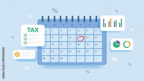 tax filing schedule payment planning finance report and accounting in business illustration concept. flat design calendar with circled tax deadline reminder and financial data charts.