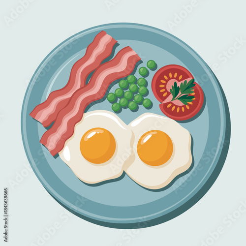 A delightful breakfast setup featuring sunny-side-up eggs, crispy bacon, fresh peas, and tomato slices, promising a fulfilling and tasty start to the day ahead.